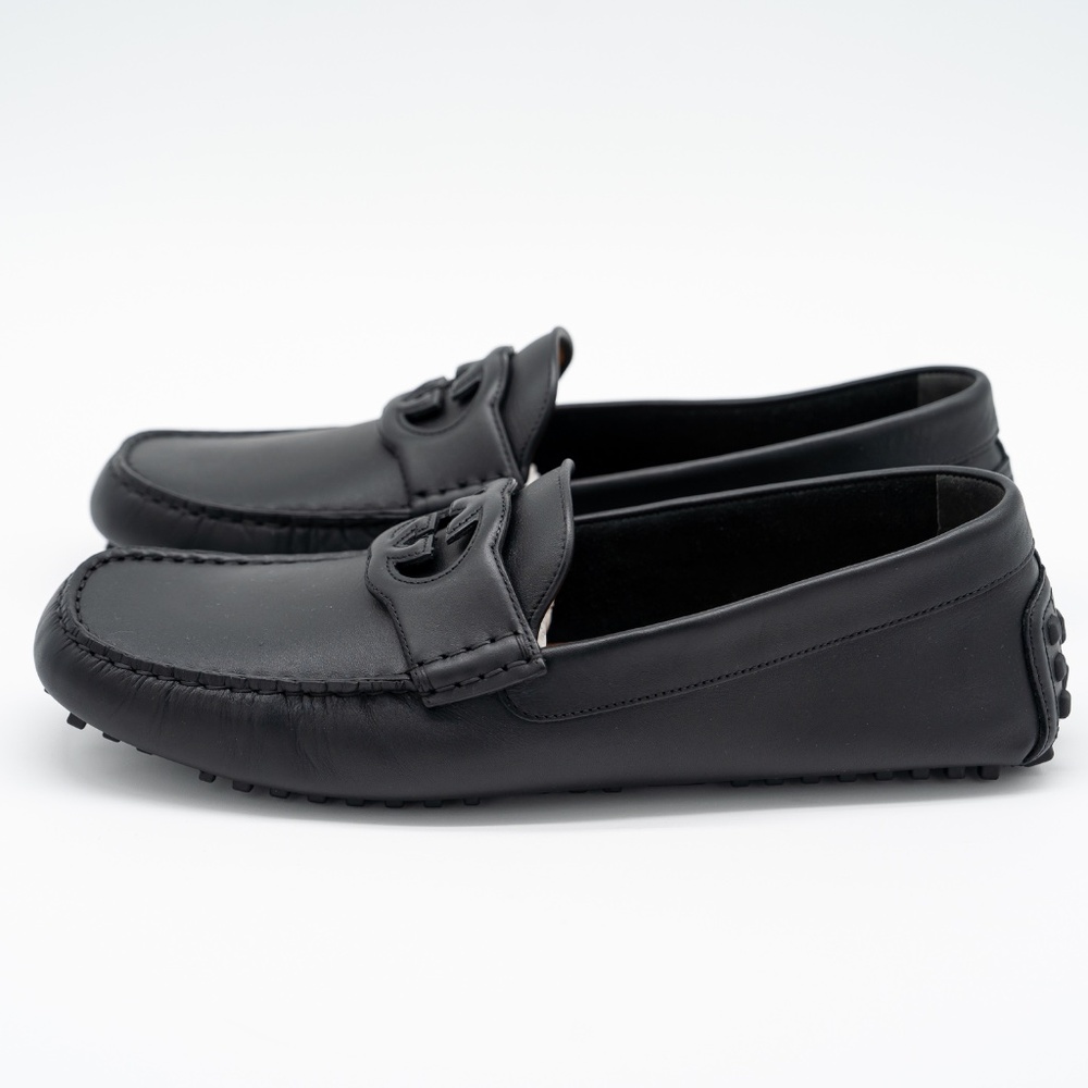 size 13G 13.5 US Gucci GG Leather Moccasin Driver Black Loafers Leather Cut Out - Picture 4 of 11